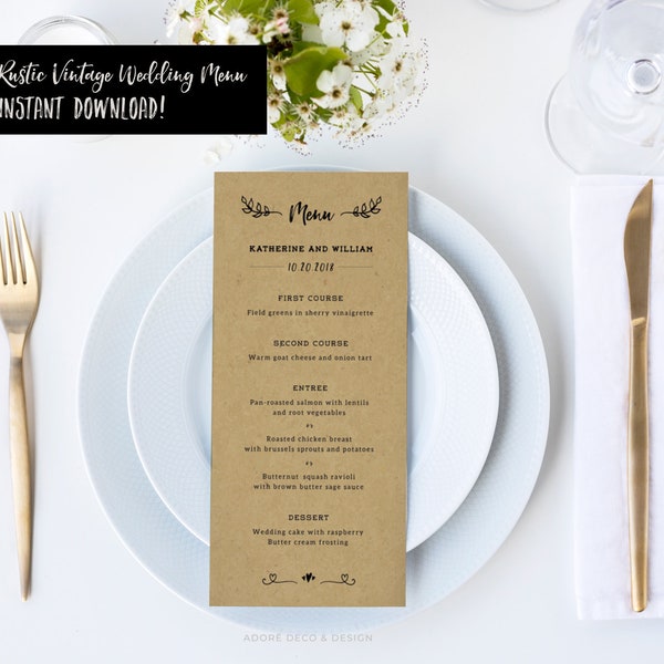 Wedding Menu Template, Kraft rustic menu, Printable template, DIY, Editable Template Menu, Dining