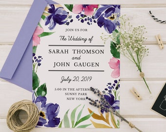 Watercolor Flower Wedding Invitation, Wedding Invitation Set,  Instant download PDF editable template, Vintage Wedding Invitation