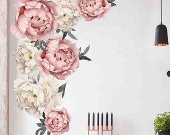 Pink White Peony Flowers Wall Stickers Wall Floral Decal Mural Home Decorat HB