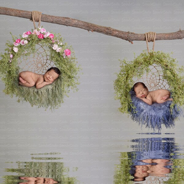 Twin water reflection Digital Backdrops Newborn- Twin DREAM CATCHER Boho Style,Rustic, Hammock,Photo Prop newborn high res JPEG digital file