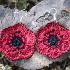 Red and Black Flower Crochet Earrings