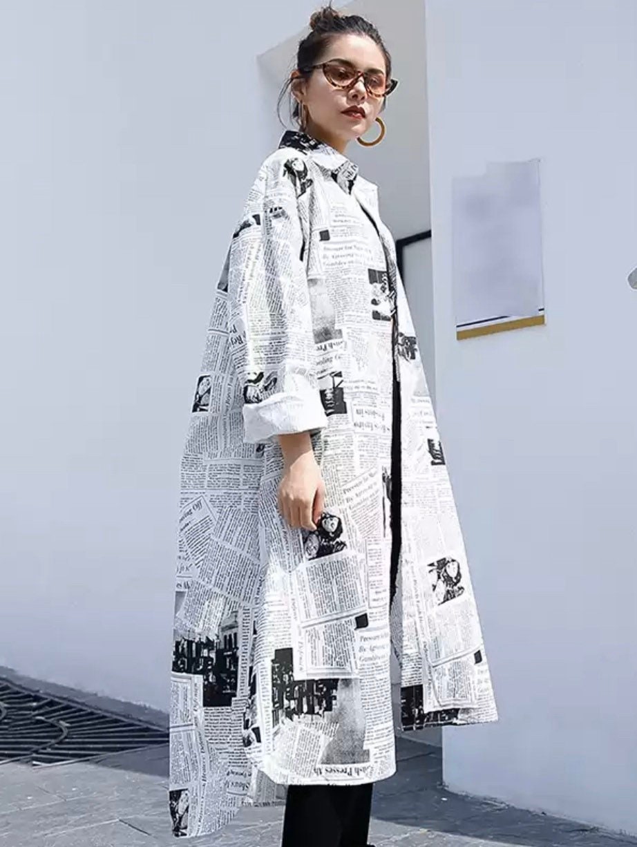 Black & White Newspaper Print Shirt Dress Loose One Size Etsy