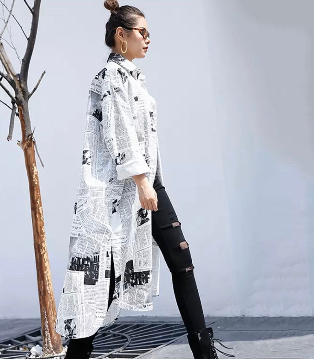 Black & White Newspaper Print Shirt Dress Loose One Size Etsy