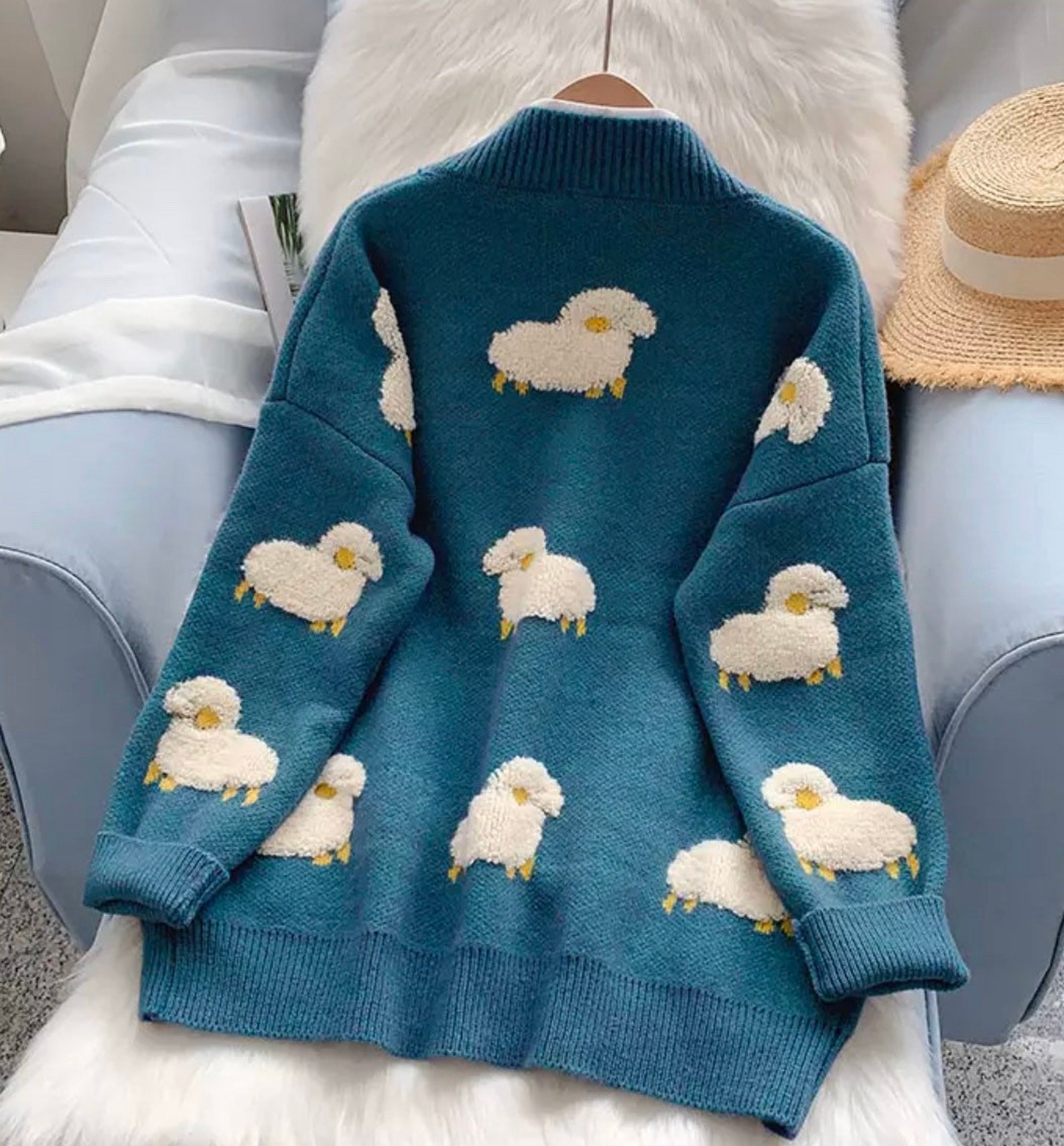 Knitted Cardigan Sheep Design Button Up Shrug Animal Wool Knit Etsy