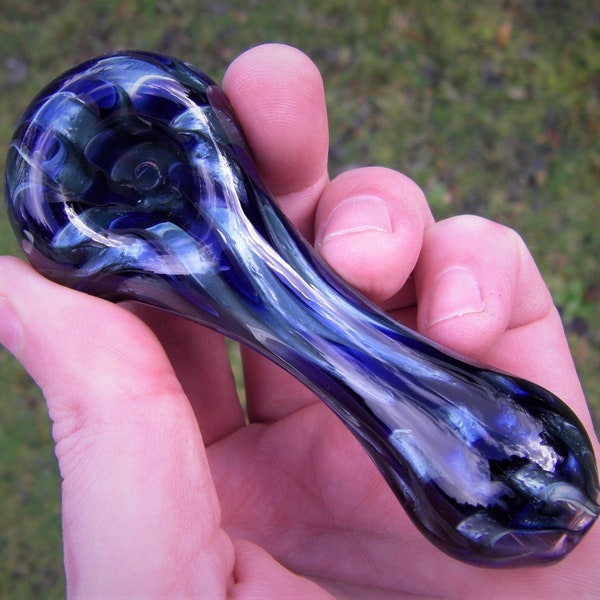 Glass Pipe Metallic Sparkle Silver Blue - Dark Blue Chunky Colorful Smoking Bowl