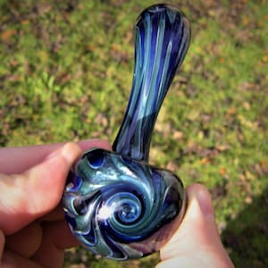 Glass Sherlock Pipe Metallic Sparkle Silver Blue - Dark Blue Chunky Colorful Smoking Bowl