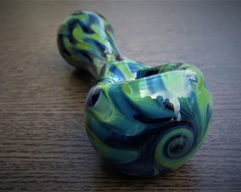 Large Glass Pipe: Dark Blue, Jade Green, Peacock Blue - Chunky Bowl