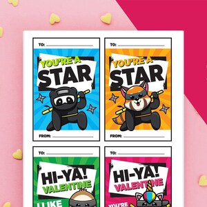 Ninja Valentines Imprimible - Lindos Animales Kawaii - Panda, Panda Rojo, Perezoso, Ajolote, Unicornio - Karate, Taekwondo, DIY