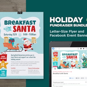 Breakfast with Santa Fundraiser Flyer, School & Community Holiday Event Invite, Facebook Event Banner, Instant Edit w/ Corjl, DIY, Printable
