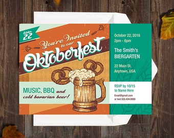 OKTOBERFEST Party Invitation - Octoberfest Postcard - Fall, Beer, Hops, Pretzels, Bratwurst - Personalized Custom Invite - Digital Download