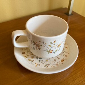 May include: A white teacup and saucer with a floral pattern in shades of brown, yellow, and green. The cup and saucer are empty.