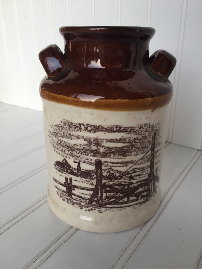 Brown Stoneware Milk Jug Handled Jug Crock Utensil Holder Etsy
