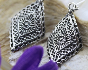 Handmade Contemporary Earrings in Sterling Silver, Patterned Diamond