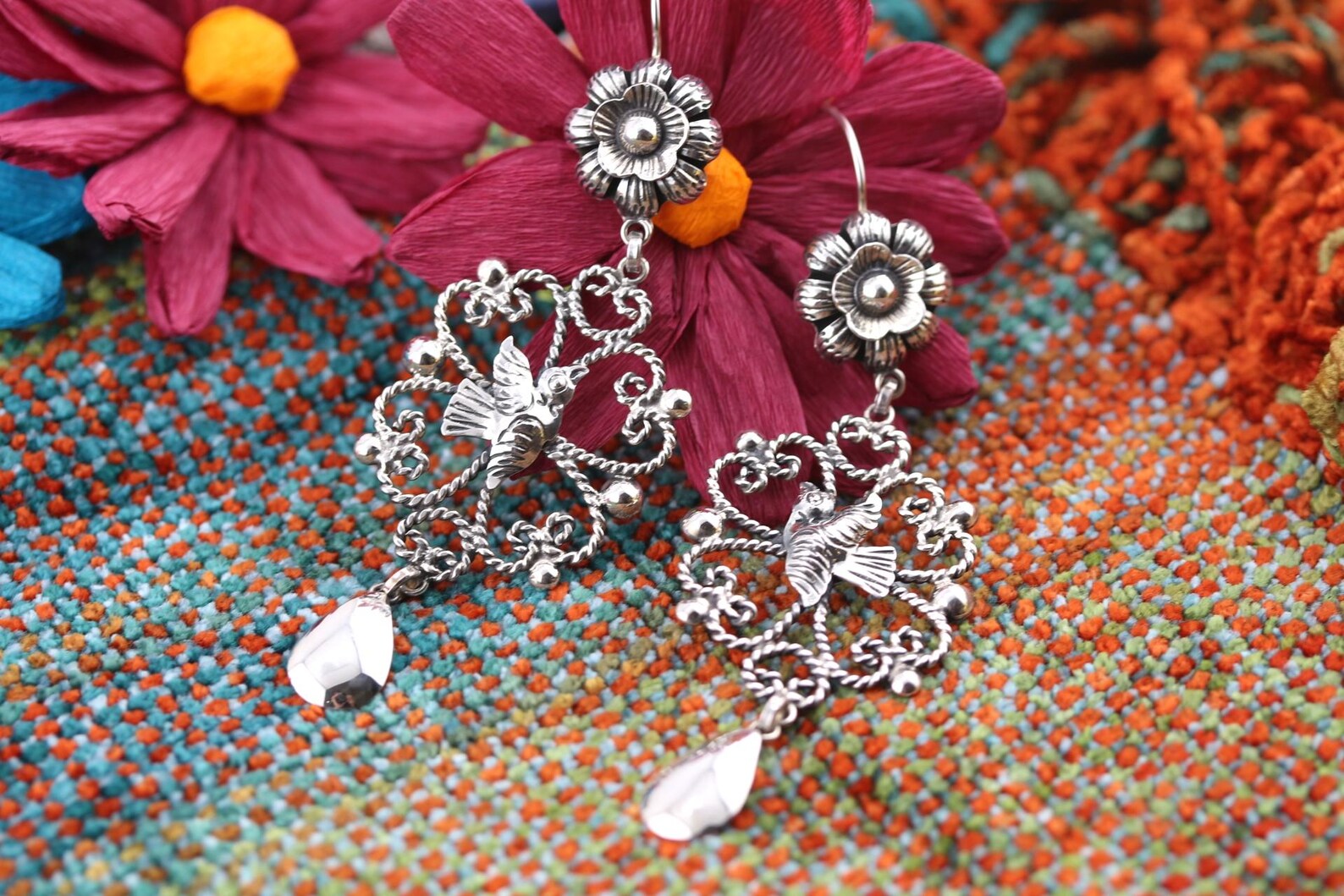 Handmade Flower and Filigree Earrings by Award Winning Artist Carlos Ortega