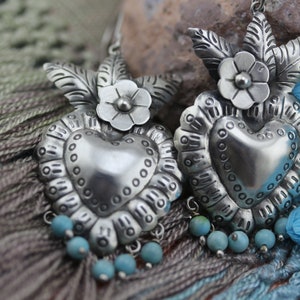 Turquoise Sacred Heart Frida Inspired Earrings Handmade by Award Winning Artist Carlos Ortega