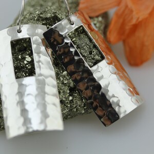 Handmade Contemporary Earrings in Sterling Silver, Hammered Shield