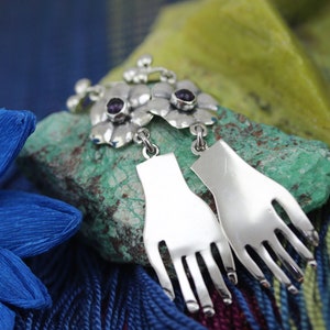 Handmade Contemporary Sterling Silver Earrings by Armando Marquez, Floral Hands