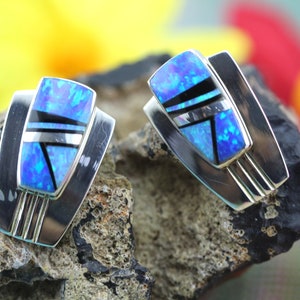Könnte beinhalten: Ein Paar Ohrringe aus Sterlingsilber mit blauen Opal-Einlagen und schwarzen Jet-Akzenten. Die Ohrringe haben eine geometrische Form und ein modernes Design.