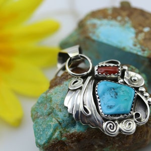 Coral and Turquoise Sterling Silver Handmade Navajo Pendant