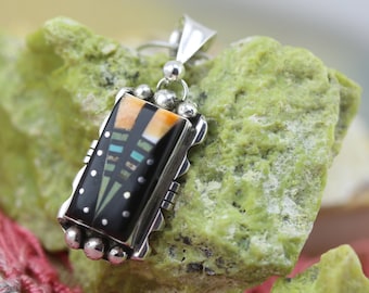 Outspace Vintage Native American Navajo Turquoise Inlay Sterling Silver Kachina Necklace Outspace Vintage Native American Navajo Turquoise Inlay Sterling Silver Kachina Necklace