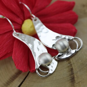 Handmade Contemporary Earrings in Sterling Silver, Brushed and Hammered Dangle