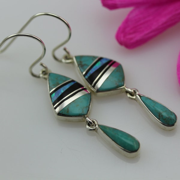 Handmade Turquoise & Opal Earrings Handmade by Native American Navajo Artist Sheryl Martinez