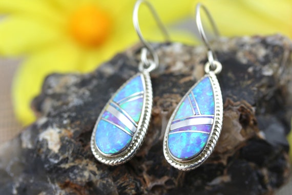 Gorgeous Native American Navajo Synth Opal Sterling Silver Dangle Earrings Gorgeous Native American Navajo Synth Opal Sterling Silver Dangle Earrings