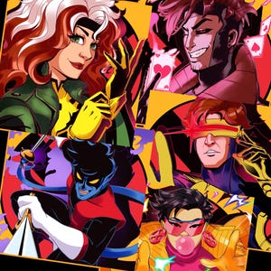 Pode incluir: Uma ilustração vibrante com quatro personagens dos X-Men: Rogue, Gambit, Ciclope e Jubilee. Rogue usa um casaco verde e luvas amarelas. Gambit segura cartas de baralho. Ciclope tem uma viseira vermelha. Jubilee sopra uma bolha. O fundo é amarelo e preto.