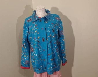 Vintage Quacker Factory embroidered jacket. Women's large bright blue jacket with butterfly beading and embroidery