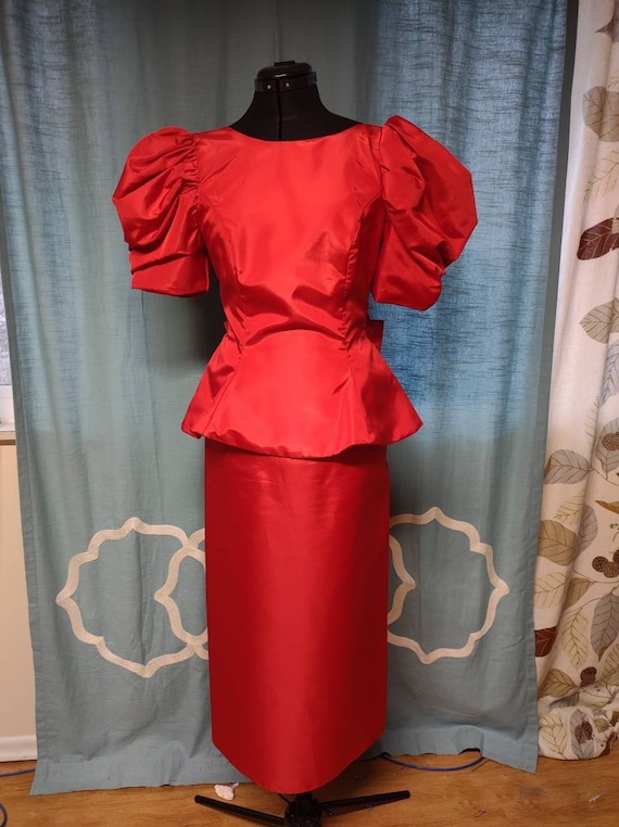 1980s vintage red prom dress with big puffed sleev