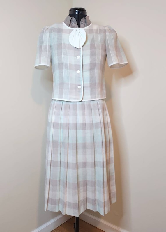 Vintage plaid summer skirt suit with puff sleeve … - image 1