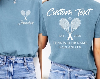Comfort Colors Custom Tennis Shirt, Personalized Name Tee, Back Print Text, Racket Graphic Apparel