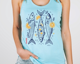 Fish Graphic Tank Top, Summer Beach Shirt, Grandma Coastal Style Apparel, Ocean Theme Outfit