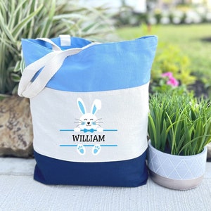 Personalized Bunny Canvas Tote Bag, Custom Bunny Gift Bag, Easter Boy Bunny Gift, Easter Kids Egg Bag, Family Easter Bag, Easter Women Bag