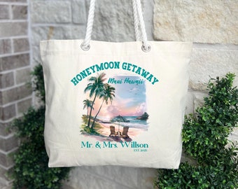 Customized Honeymoon Getaway Tote Bag, Honeymoon Tote Bag, Custom Just Married Tote Bag, Newlyweds Tote Bag, Honeymoon Bound Tote Bag