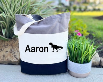 Dinosaur Tote Canvas Bag, Book Tote, Preschool Bag, Preschool Teacher Gift, Kindergarten Tote, Custom Canvas Tote Bag, Personalized Tote Bag