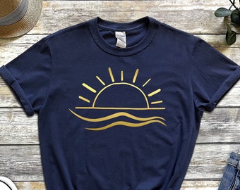 Minimal Sun Waves Shirt, Summer Beach Tee, Ocean Inspired Soft Comfort T Shirt