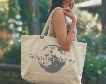 What A Journey Tote Bag, Moon Print Rope Bag, Lunar Graphic Carryall, Space Theme Shopper
