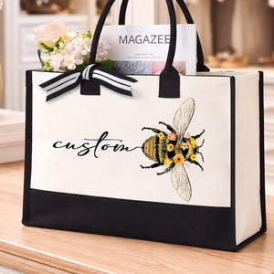 Personalized Bee Tote Bag, Custom Text Canvas Bag, Bumblebee Floral Design, Nature Lover Gift