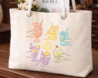 Cocktail Tote Bag, Summer Beach Tote, Colorful Drink Graphic, Rope Handle Carryall, Party Accessory