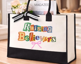 Raising Believers Tote Bag, Faith Based Shopper, Christian Mom Carryall, Church Day Lifestyle Accessory