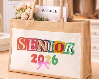 Senior 2026 Jute Tote Bag, Graduation Year Shopper, Colorful Letter Design, School Spirit Carryall
