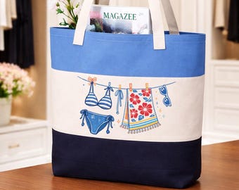 Beach Tote Bag, Summer Bikini Graphic Shopper, Vacation Outfit Carryall, Seaside Travel Accessory