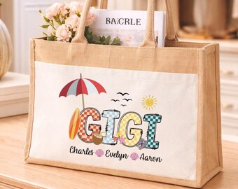 Custom Gigi Jute Bag, Personalized Grandma Shopper, Beachside Family Carryall, Vacation Market Style