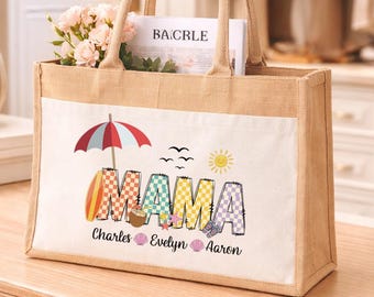 Custom Mama Jute Bag, Personalized Beach Tote, Summer Vacation Carryall, Family Names Shopper