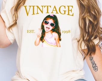 Custom Vintage Shirt, Personalized Photo Tee, Est Year Graphic, Retro Birthday Outfit Women