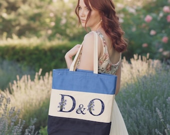 Custom Initials Canvas Tote Bag, Personalized Monogram Tote, Name Floral Initials Tote, Bridal Tote Bag, Personalized Canvas Gift for Brides
