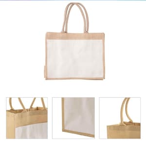 May include: A natural jute tote bag with a white canvas panel. The bag has two handles and a natural jute trim. The bag is perfect for carrying groceries, books, or other items.