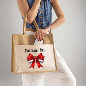 Custom Chirtsmas Jute Bag, Coquette Christmas Tote Bag, Christmas Bow Tote Bag,Christmas Gift, Winter Xmas Season Gift,Merry Christmas Totes