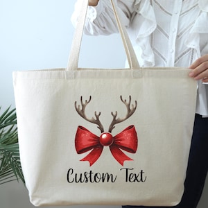 Custom Coquette Bow Reindeer Christmas Tote Bag, Gift For Christmas, Christmas Party Bag, Christmas Tote Bag, Xmas Tote Bag,Holiday Tote Bag